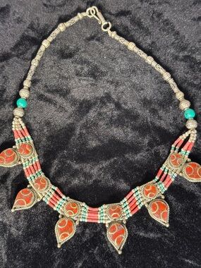 Tibetan Tourquoise and Coral inlay silver